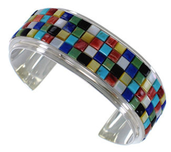 Sterling Silver Multicolor Inlay Cuff Jewelry Bracelet VX37716